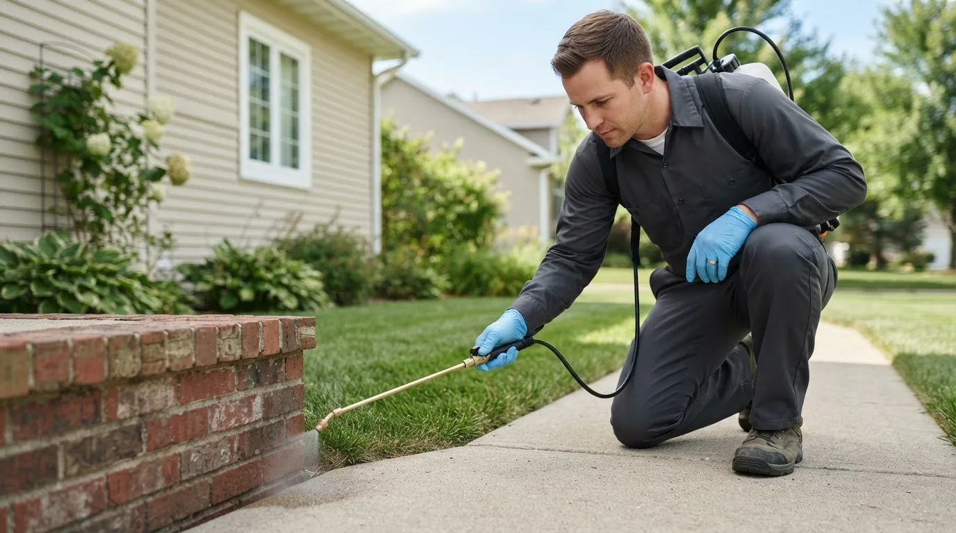 Pest control technician treating a home near Voorheesville, NY